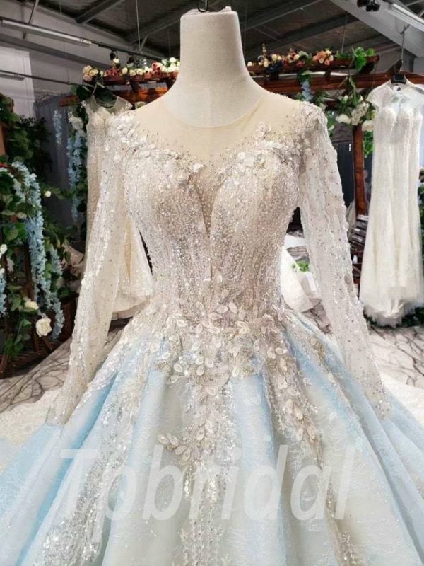 Light Blue Wedding Dress V Neck Long Sleeve Ball Gown Prom