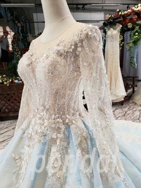 Light Blue Wedding Dress V Neck Long Sleeve Ball Gown Prom