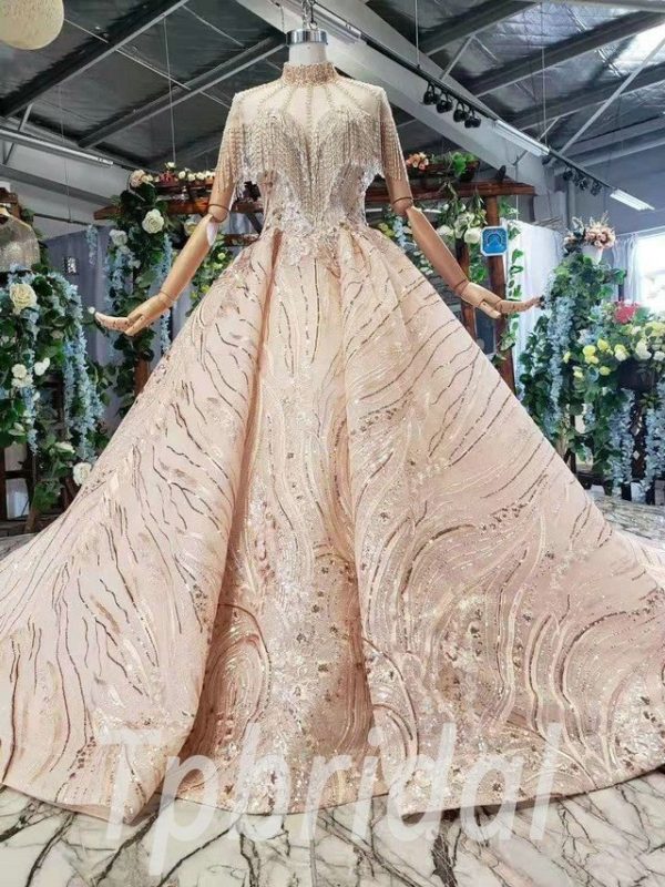Wedding Dress For Bride High Neck Crystal Gold Prom Dress