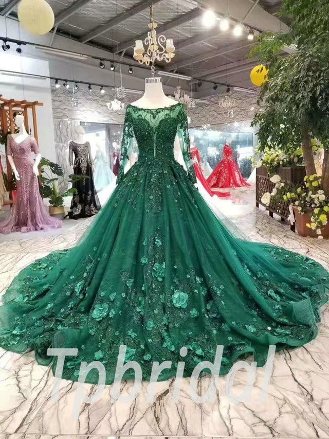 Dark Green Prom Dress Long Sleeve Flowers With Train