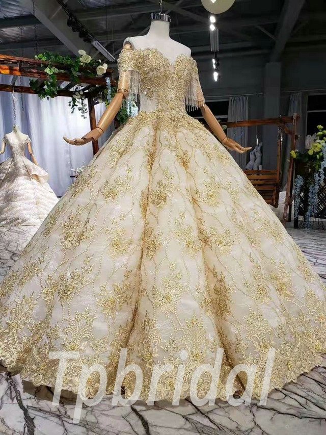 Gold Ball Gown Off The Shoulder Lace Beaded Floor Length