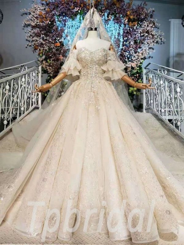 Champagne Strapless Wedding Dress Ball Gown With Sleeves