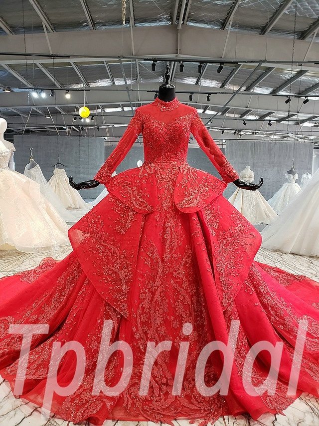 Red Wedding Dress Plus Size High Neck Long Sleeve With Train