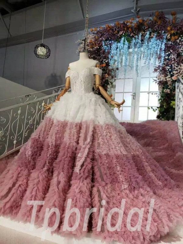 White And Pink Wedding Dress Off The Shoulder Long Train