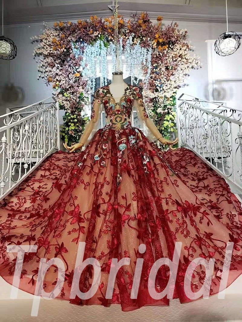 Red Lace Wedding Dress Ball Gown Long Sleeve With Train