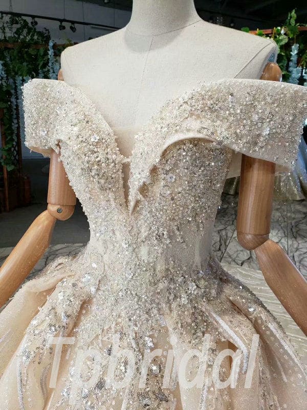Off Shoulder Wedding Dress Champagne Ball Gown With Train