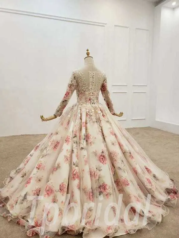 Floral Wedding Dress Illusion V Neck Ball Gown Prom Dress - Image 5