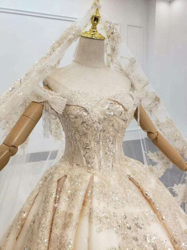 Panel Train Wedding Dress Champagne Sparkle Detachable train Gown