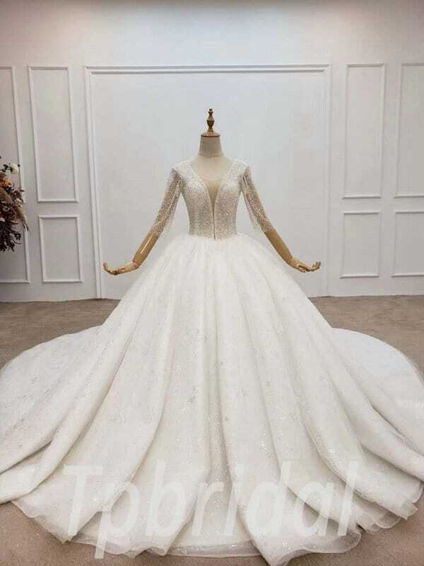 Deep V Wedding Dress Ivory Beaded Crystal Couture Bridal Gown