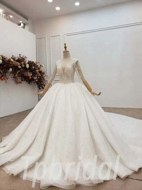 Deep V Wedding Dress Ivory Beaded Crystal Couture Bridal Gown