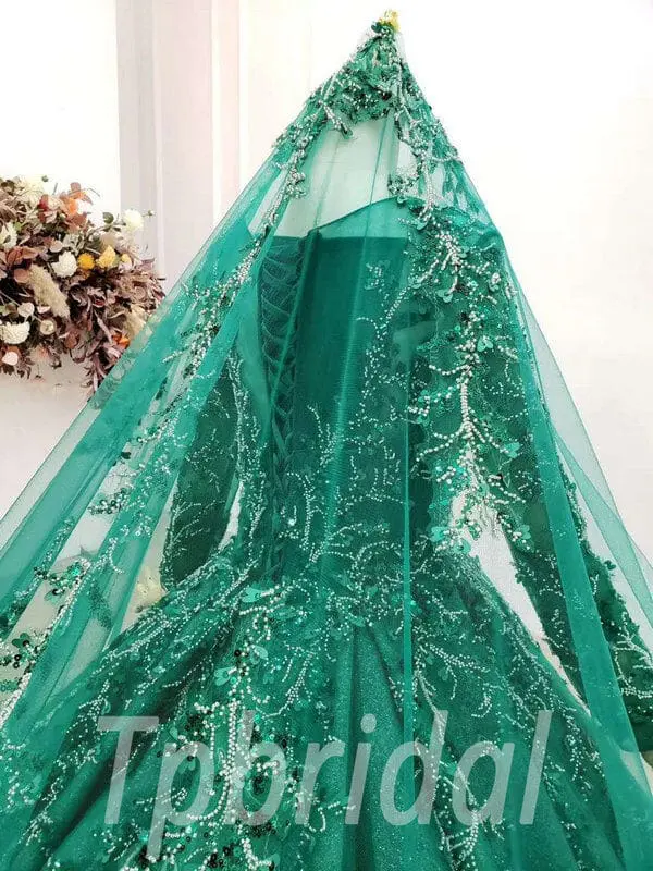 Forest Green Wedding Dress Long Sleeves Bridal Gown With Veil - Image 8