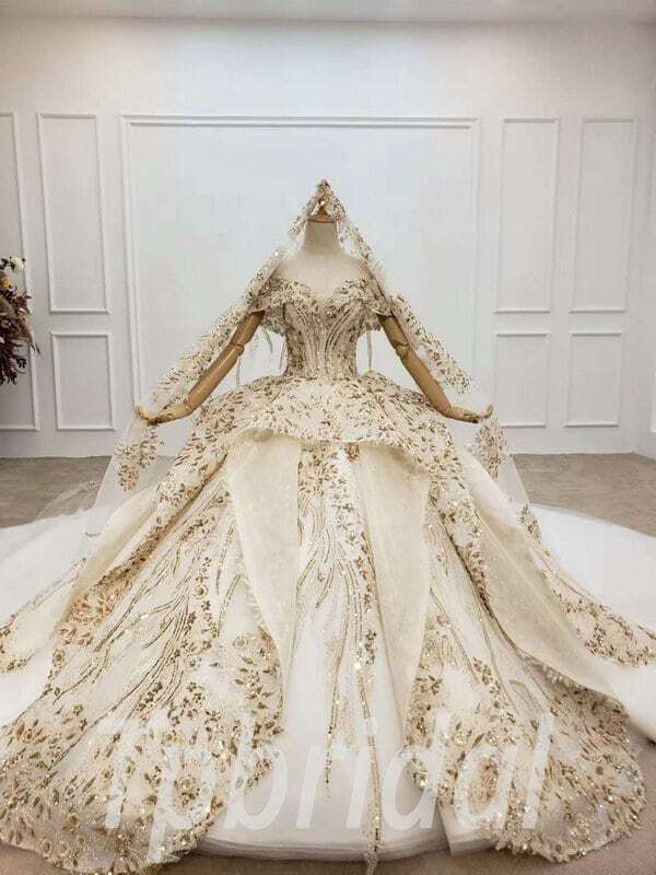 Gold Sequin Ball Gown Sparkle Ball Gown Long Veil Bridal Dress