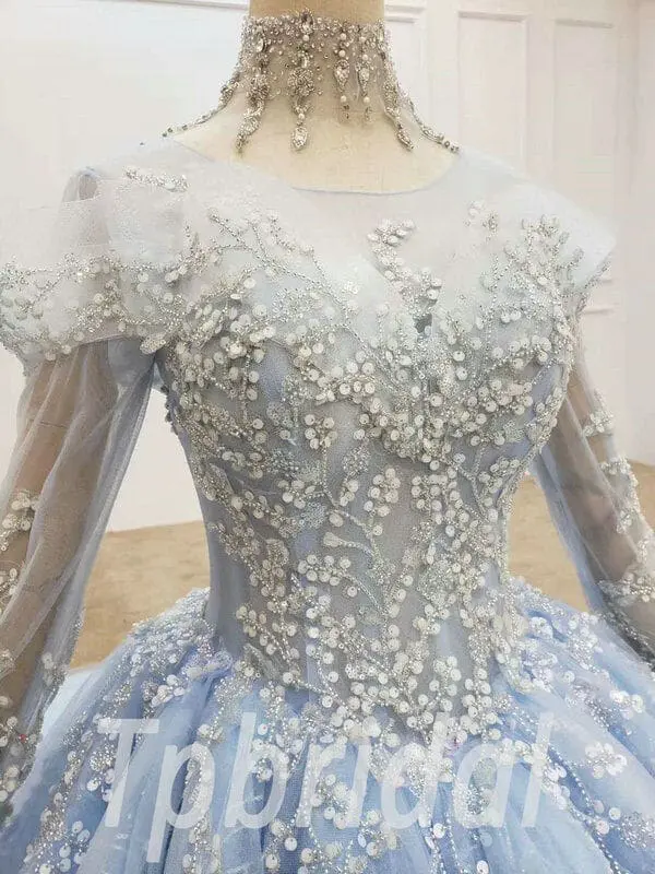 Sky Blue Prom Dress High Neck Ball Gown Long Sleeve Wedding Dress - Image 5