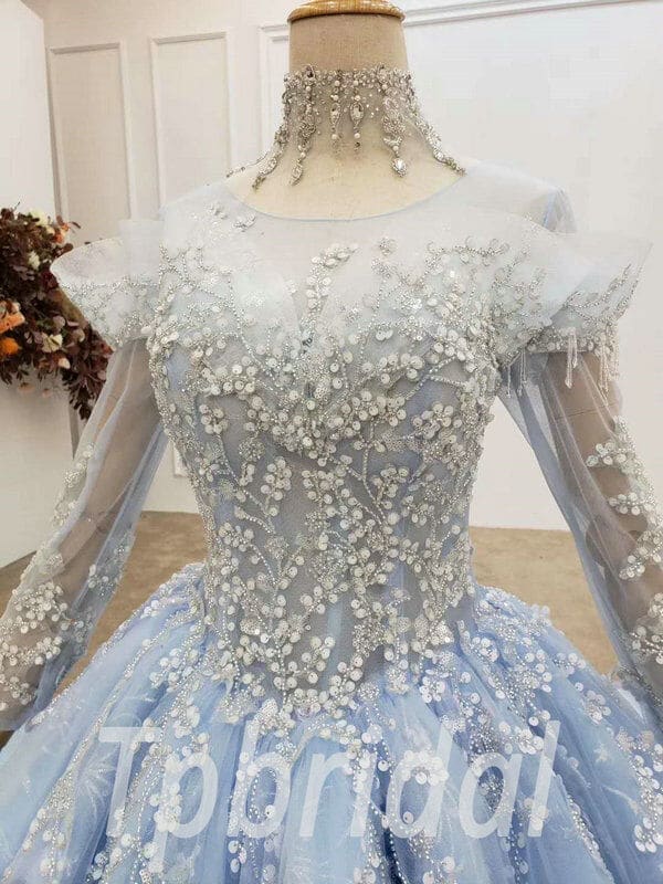 Sky Blue Prom Dress High Neck Ball Gown Long Sleeve Wedding Dress