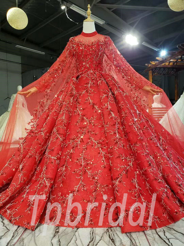 Red Wedding Dress With Cape Ball Gown Beaded Formal Dress