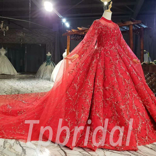 Red Wedding Dress With Cape Ball Gown Beaded Formal Dress