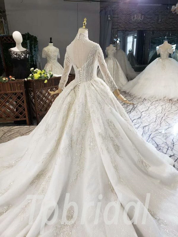 Beaded Top Wedding Dress Long Sleeve Ball Gown Plus Size Bridal Gown