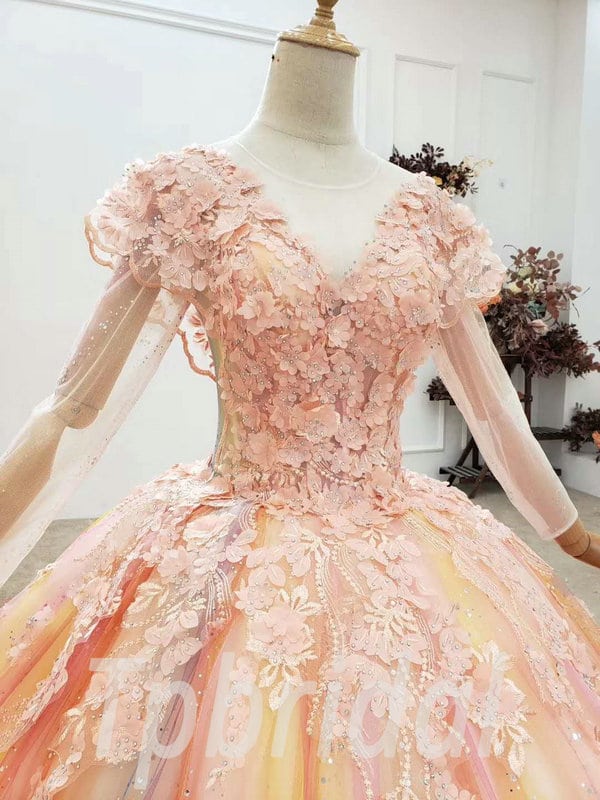 Colorful Wedding Dress Long Sleeve Ball Gown Orange Prom Dress