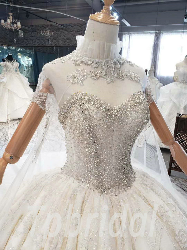 Lace Cape Wedding Dress Strapless Ball Gown High Neck Bridal Dress