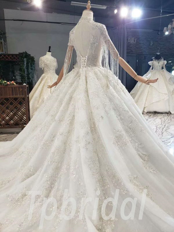 Wedding Dress With Crystal High Neck Ball Gown Long Train