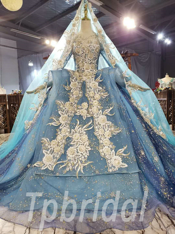 Blue And Gold Wedding Dress Ball Gown Long Sleeve With Veil