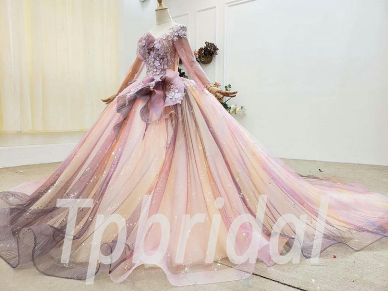 Colorful Wedding Dress Long Sleeve Pink Prom Dress With Flowers