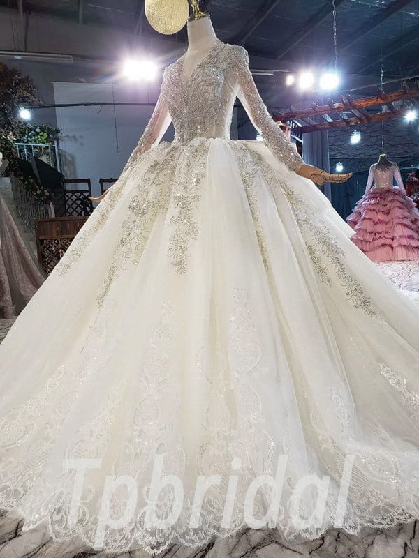 Crystal Lace Wedding Dress V Neck Ball Gown Long Sleeve Wholesale