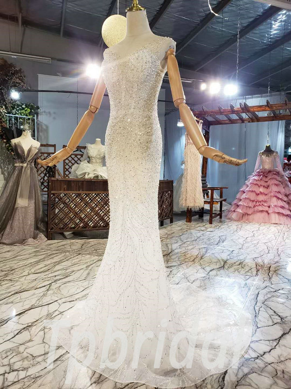 Mermaid Wedding Dress Detachable Train With Crystal Bead