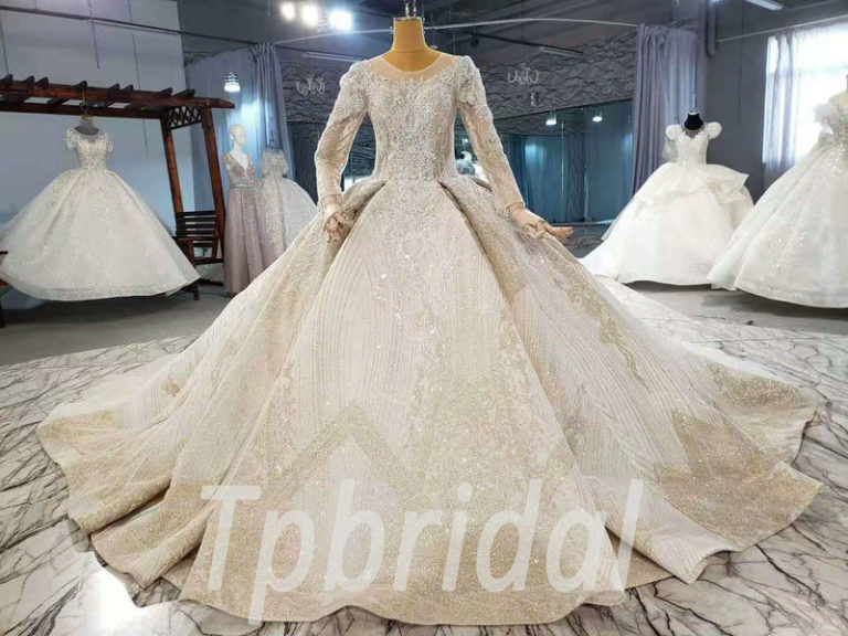Champagne Long Sleeve Wedding Dress Ball Gown Winter Bridal Dress