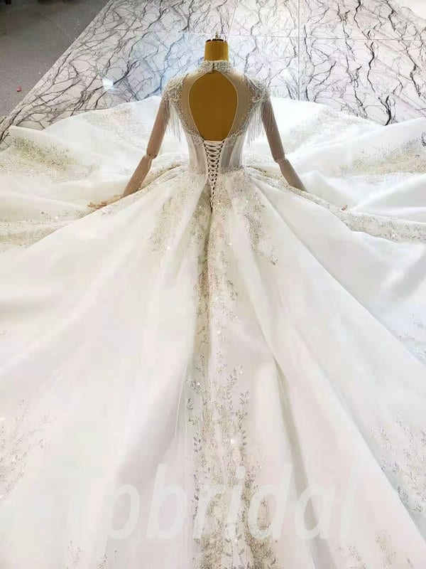 Wedding Dress With Fringe Crystal High Neck Ball Gown With Train