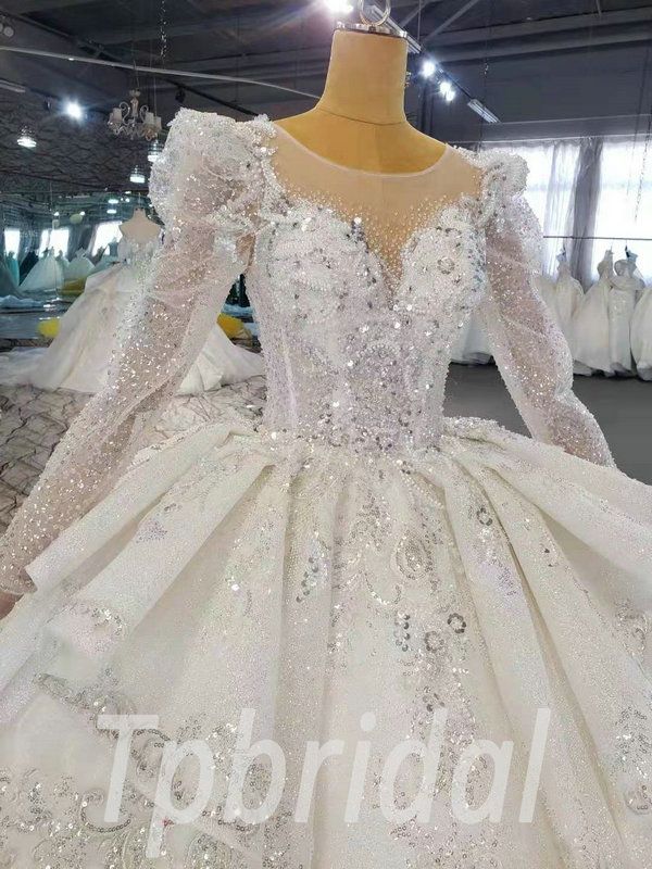 Beaded Long Sleeve Wedding Dress Crystal Hand Made Bridal Dress