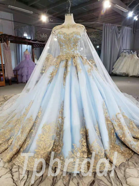 Light Blue Wedding Dress Gold Lace Ball Gown Long Train With Cape 1035