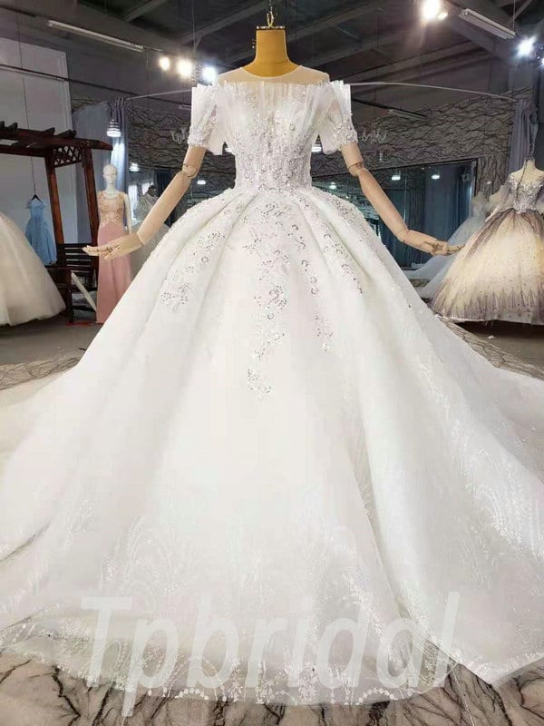 Bridal Dress With Train Off The Shoulder Ball Gown Short Sleeves