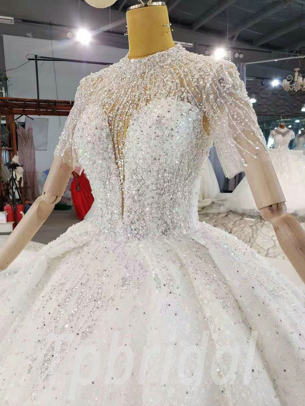 High Neck Beaded Wedding Dress 2021 Crystal Illusion Neckline
