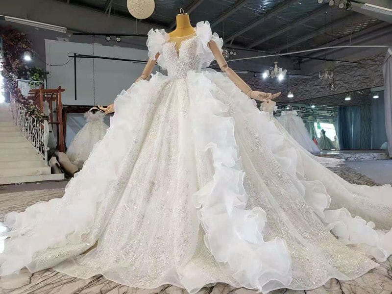 Pearl Beaded Wedding Dress Princess Ball Gown With Train 2021