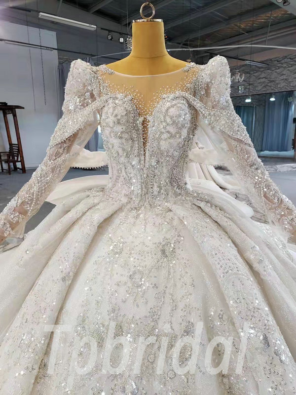 Diamond Wedding Dress Haute Couture Long Sleeve Ball Gown Train