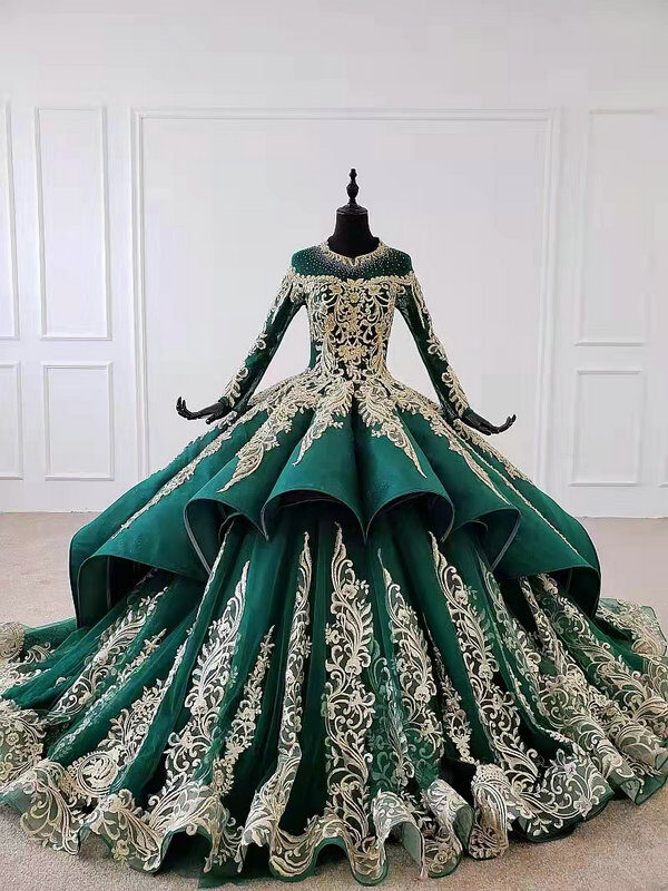 Green And Gold Wedding Dress Long Sleeve Ball Gown With Train