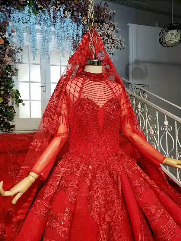 Red Bridal Gown High Neck Ball Gown Long Sleeve With Veil