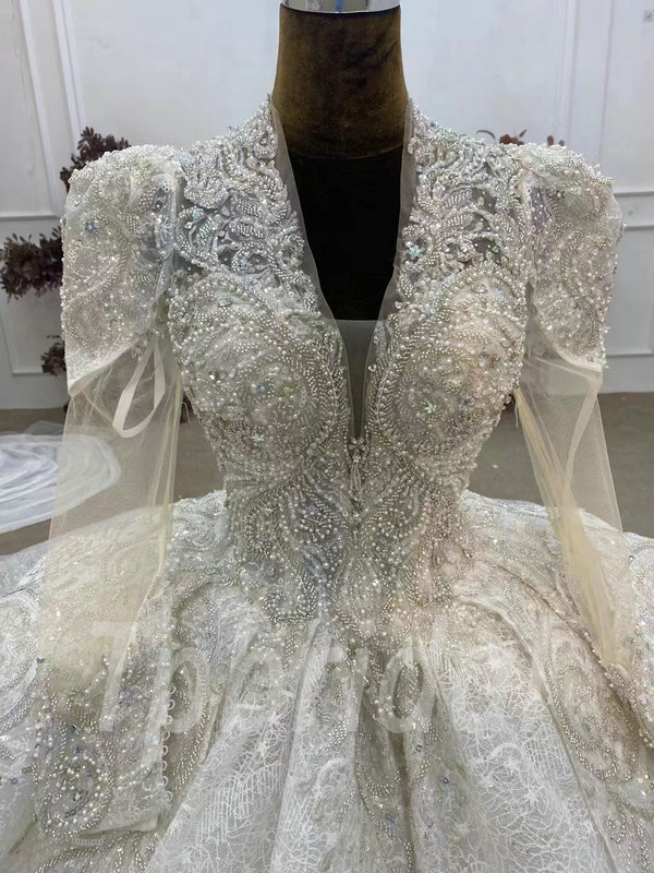 Lace V Neck Wedding Dress Long Sleeve Ball Gown Bridal Gown