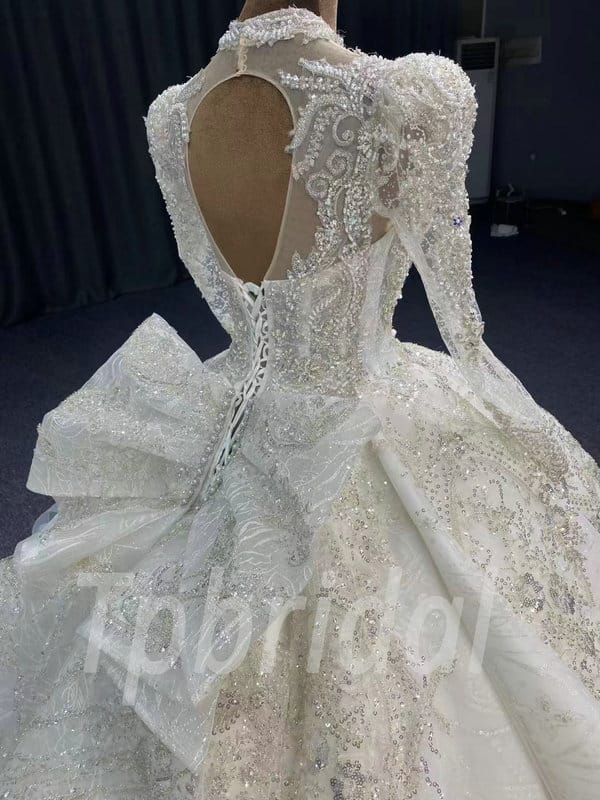 High Neck Ball Gown Wedding Dress Long Sleeve With Train