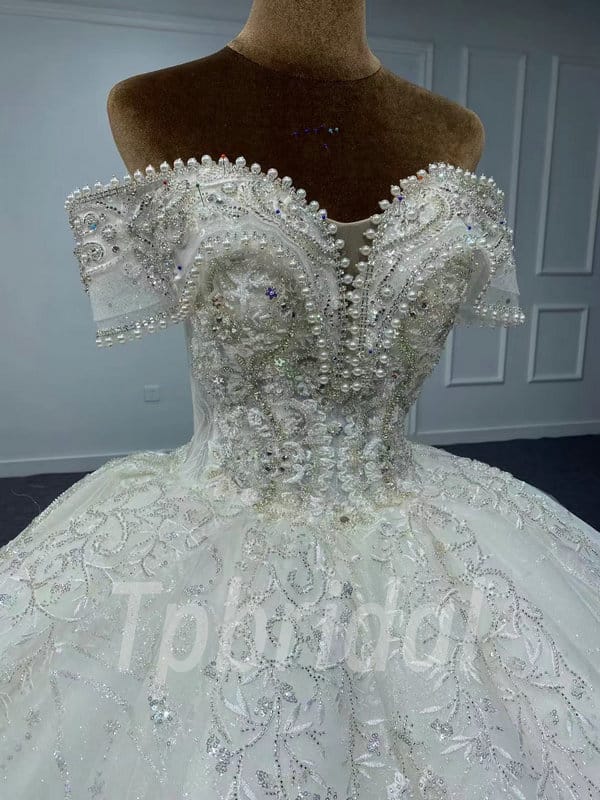 Lace And Pearl Wedding Dress Off The Shoulder Ball Gown 2022