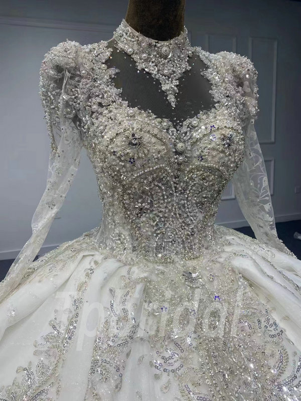 Long Sleeve Beaded Wedding Dress Ball Gown Crystal With Train