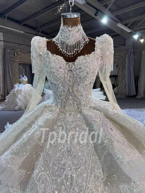 Ball Gown Long Sleeve Wedding Dress Heavy Beaded With Tail
