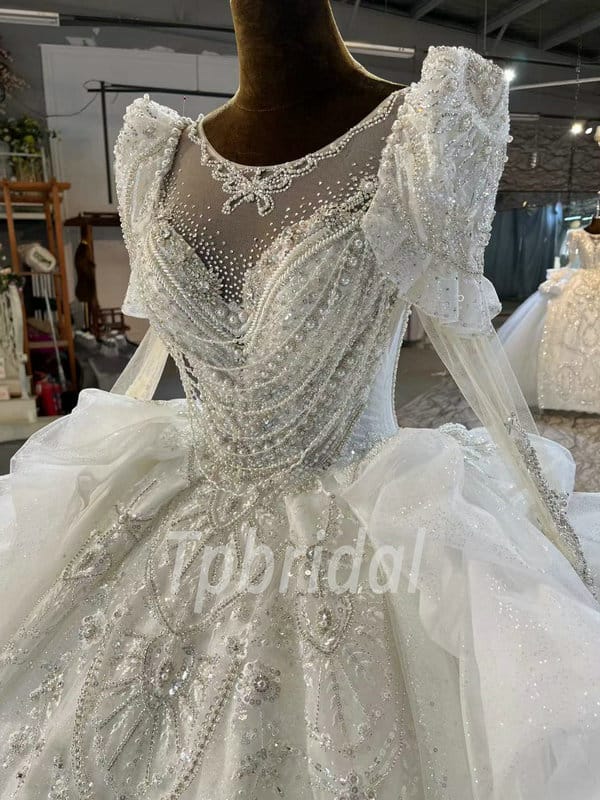 Big Puffy Wedding Dress Pearl Ball Gown Long Sleeve Long Tail