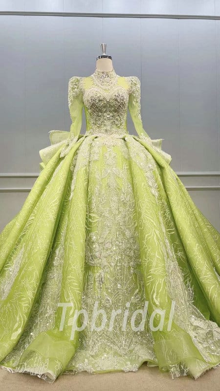 Lime Green Wedding Dress Long Sleeve Ball Gown Prom Dress