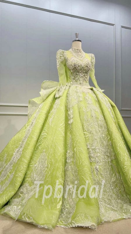Lime Green Wedding Dress Long Sleeve Ball Gown Prom Dress