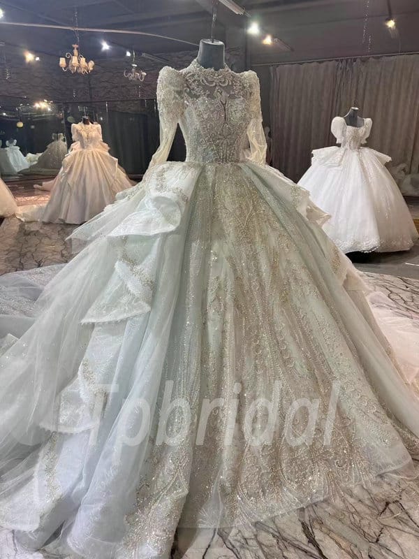 Long Sleeve Lace Collar Neckline Ball Gown Wedding Dress