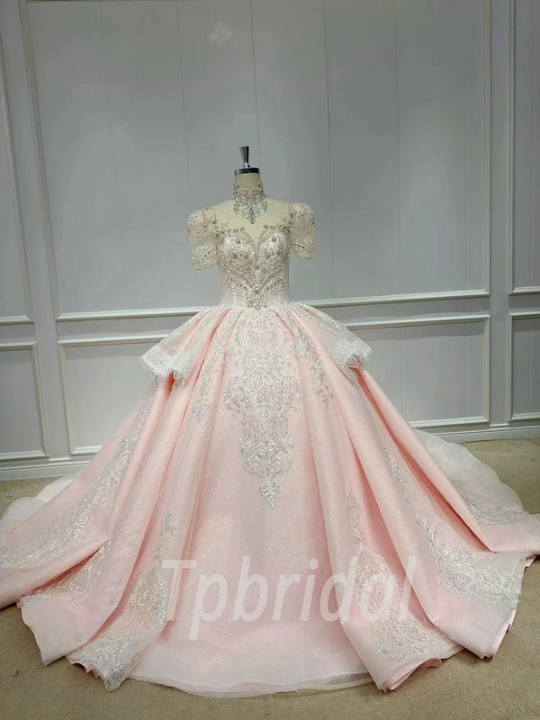 Pink Wedding Dress High Neck Ball Gown Lace Prom Dress