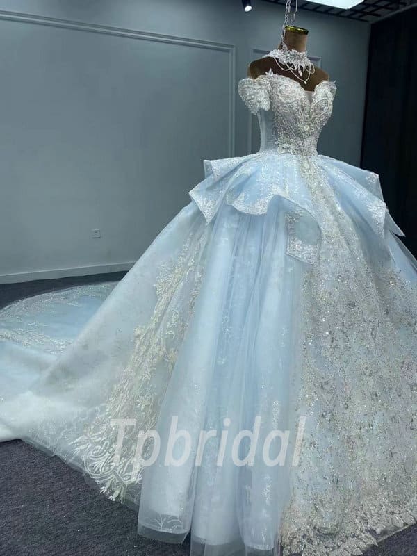 Ice Blue Wedding Dress Lace Off The Shoulder Ball Gown