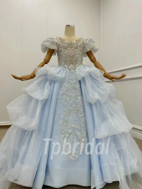Light Blue Flower Girl Dress Princess Ball Gown With Train